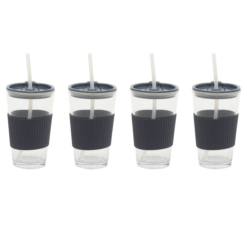 Mr. Coffee Sip Savvy 4-Pack 15oz Glass Tumblers with Lids and Straws - Reusable Iced Coffee Cups - Navy Blue