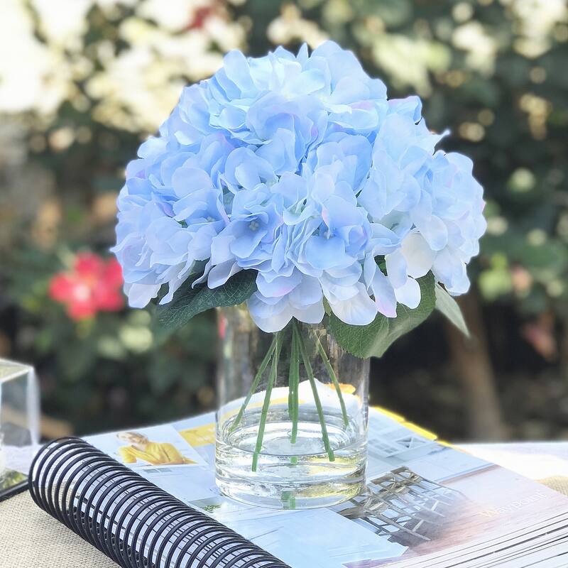 Enova Home Artificial Hydrangea Fake Silk Flowers Arrangement in Glass Vase with Faux Water For Home Office Decoration - Azure