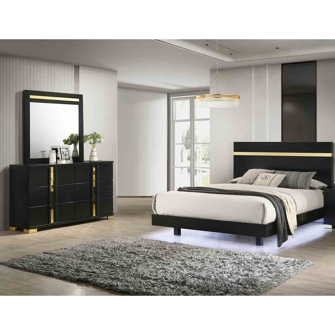 Black Bed Dresser Mirror 3pc Modern Bedroom Set