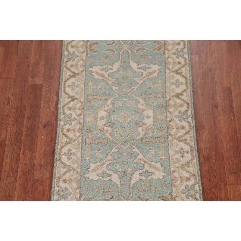 Light Blue Oushak Oriental Runner Rug Handmade Bedroom Wool Carpet - 2'6" x 10'0"