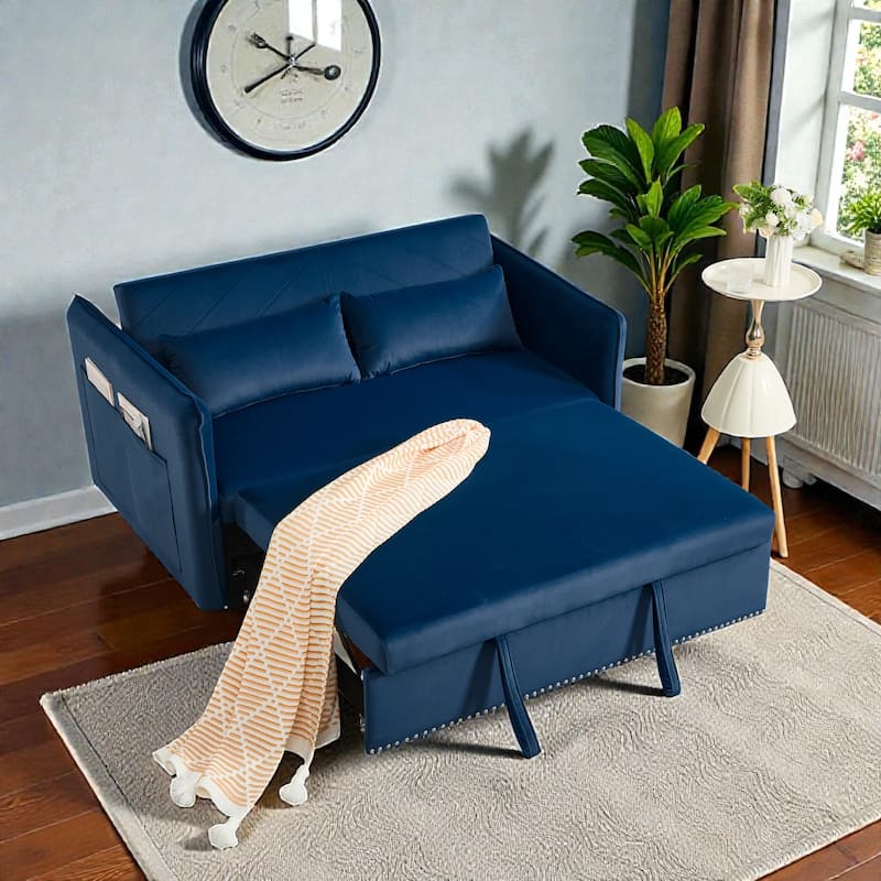 3 in 1 Convertible Sleeper Sofa Bed, Velvet Futon Loveseat with Pull Out Bed, Adjustable Backrest and Side Pockets