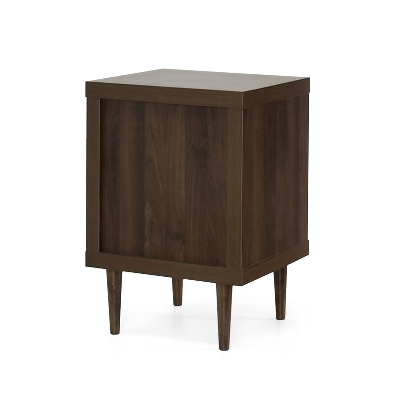 Stylish Walnut Nightstand with Rubberwood Legs, Two Drawers, and Top Shelf