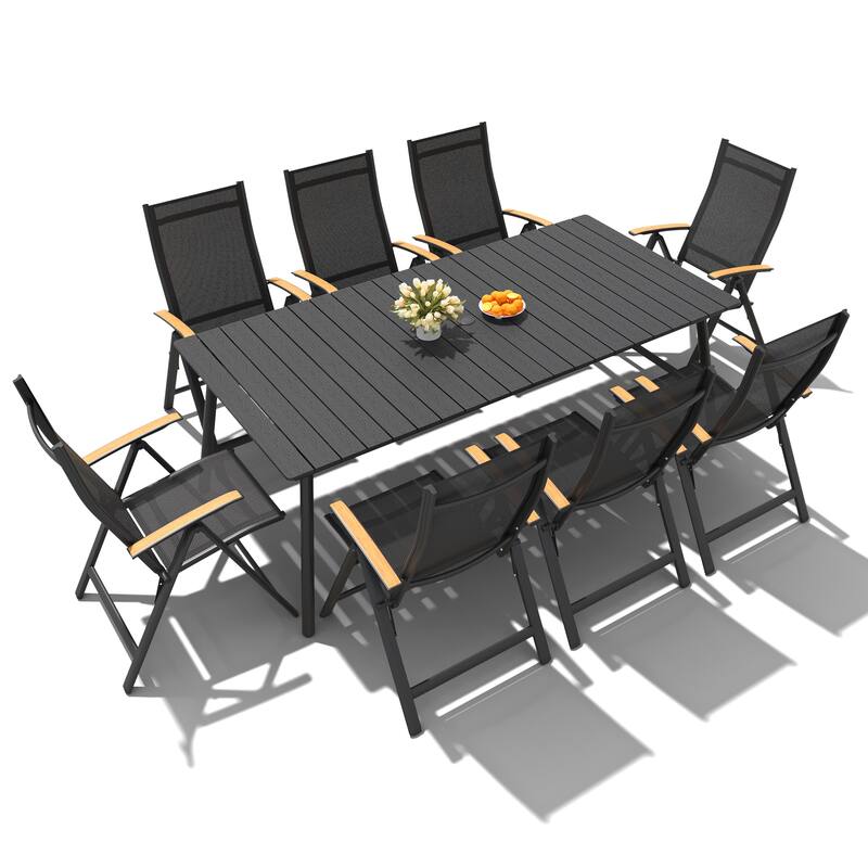 Outdoor Dining Set 8 Aluminum Folding Chairs with Adjustable Back and Rectangule Dining Table with Umbrella Hole