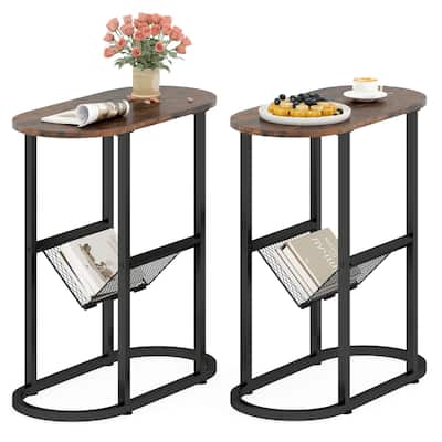 Costway 2 PCS 2-tier Side Table Oval Narrow End Table Nightstand - 24'' x 11'' x 25''