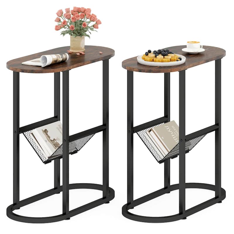 Costway 2 PCS End Table with Faux Marble Tabletop & Magazine Holder - See Details - Rustic Brown + Black - See Details