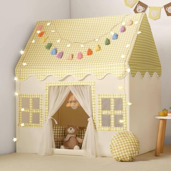 slide 2 of 7, Kids Play Tent Indoor with Mat, Tassel Garland, Star Lights