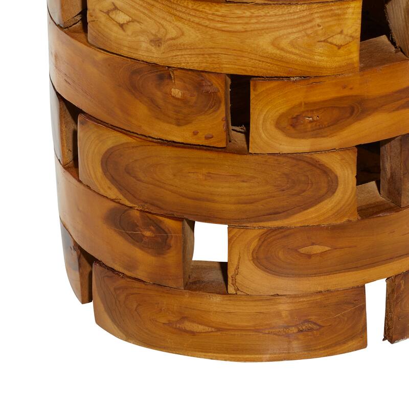 Teak Wood Handmade Live Edge Accent Table with Brick Inspired Design - Light Brown, Brown