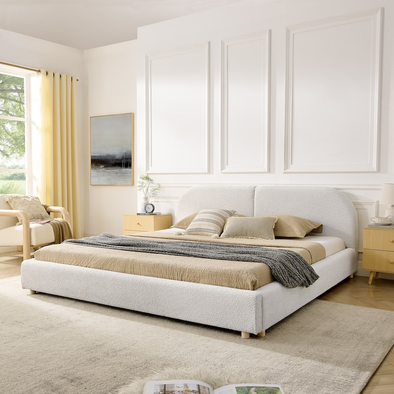 King Size Upholstered Bed Frame, Modern Minimalist Style with Tall Curved Headboard, Premium Circle Yarn Fabric - Beige