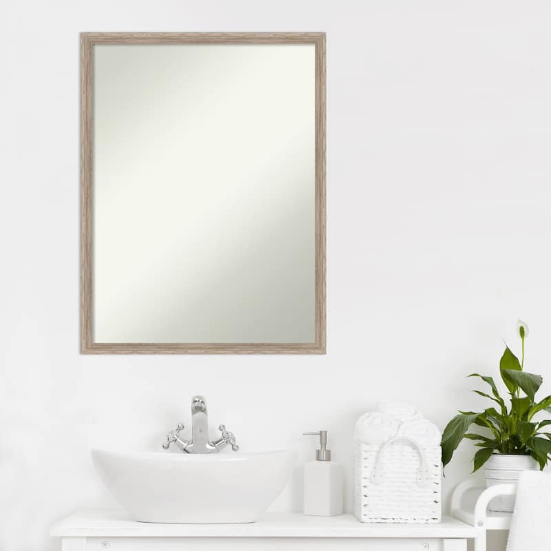 Non-Beveled Wood Bathroom Wall Mirror - Hardwood Wedge Whitewash Frame