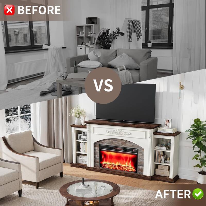 78 inch Electric Fireplace Mantel Fireplace TV Stand Entertainment Center with 30 inch Fireplace Insert Heater and Storage