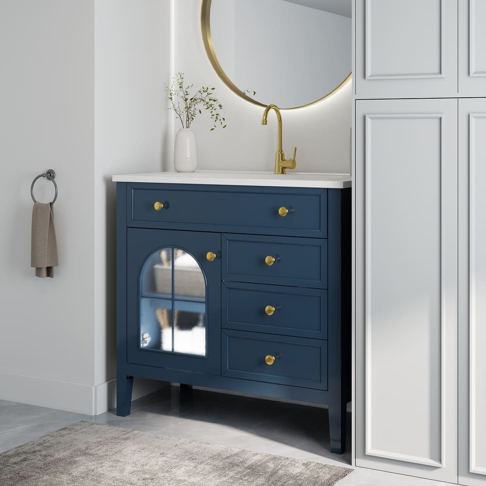 Freestanding 36" Bathroom Vanity Sink Cabinet with Motion-sensor Light Strip, Patterned Glass & Drawers