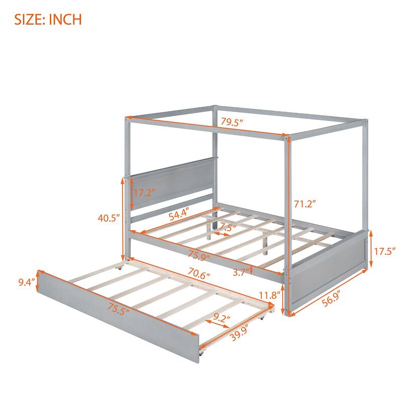 Modern Canopy Bed with Trundle Bed, Full Size Platform Frame, Support
