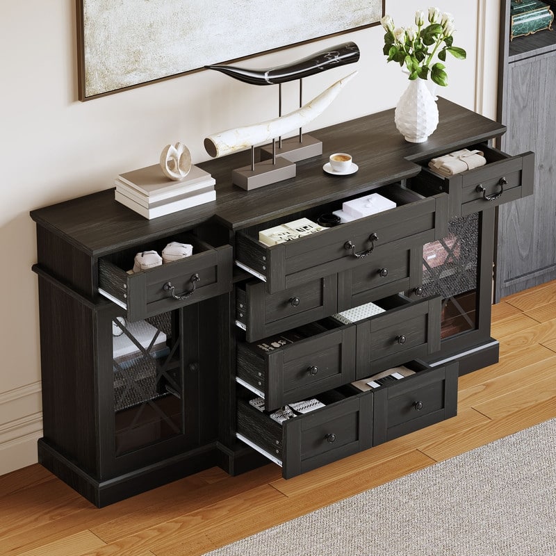 Moasis 59" Farmhouse Coffee Bar Cabinet Buffet Cabinet Sideboard Cabinet With 9 Drawers & Adjustable Shelving