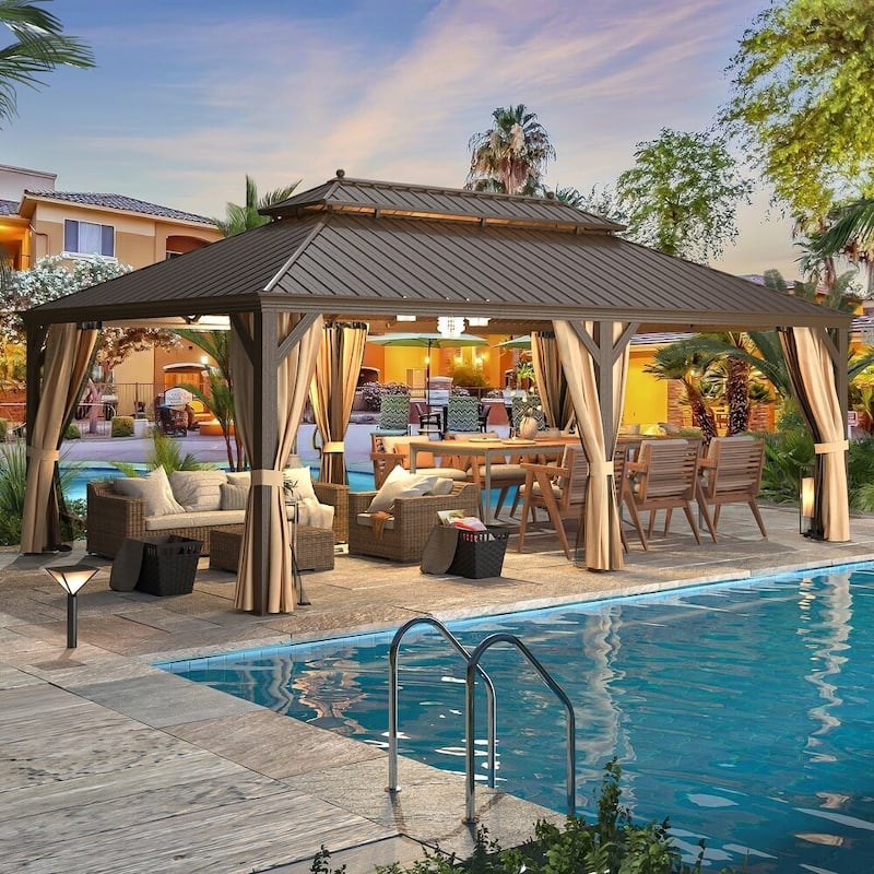 Outdoor Hardtop Gazebo with Galvanized Steel Double Roof & Aluminum Frame, Outdoor pergola with Premium Curtains and Nettings - 14'x22' - Aluminum Frame
