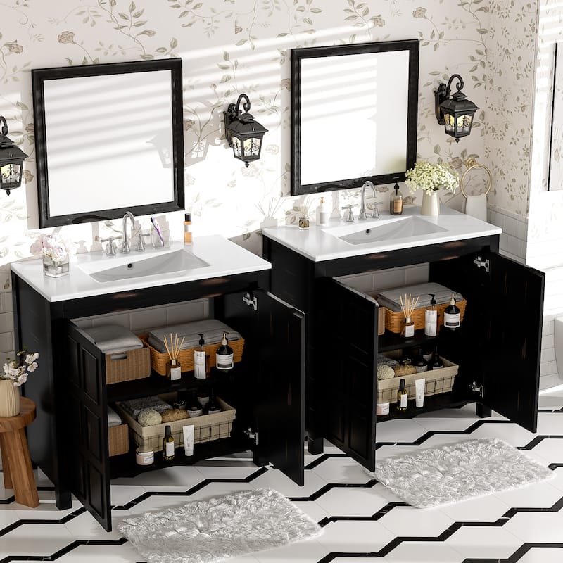 GDFStudio - Elysia Wood & Ceramic Bathroom Vanity with Sink & Storage Cabinet Organizer