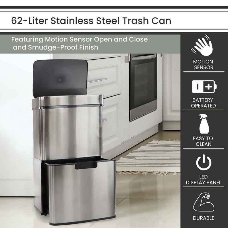 Hanover 62Liter / 16.4Gallon Trash Can with Dual Bins and Sensor Lid