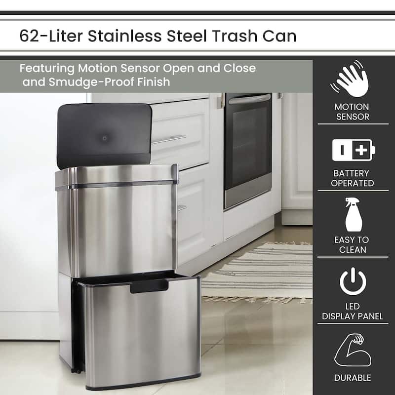 Hanover 62-Liter / 16.4-Gallon Trash Can with Dual Bins and Sensor Lid in Stainless Steel