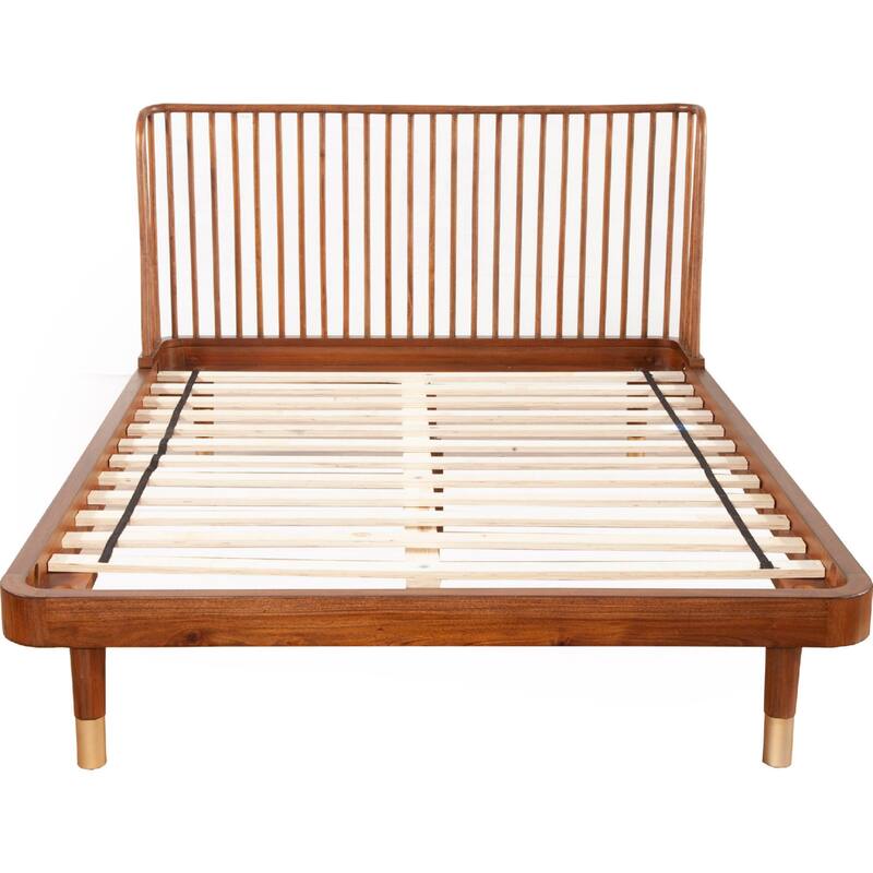 California King Platform Bed with Slat Back Rattan Headboard, Brown
