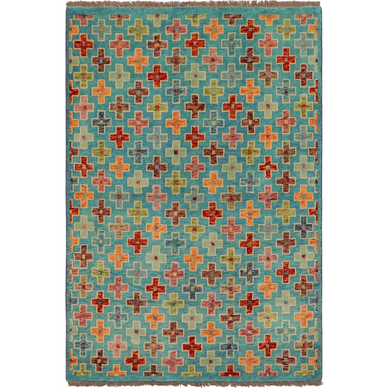 Eclectic Balochi Galvan Blue/Rust Hand Knotted Wool Rug - 3'4'' x 4'11''
