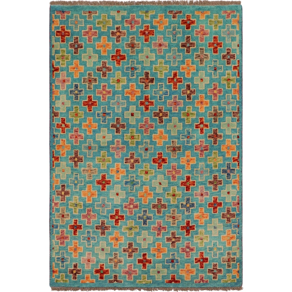 Eclectic Balochi Galvan Blue/Rust Hand Knotted Wool Rug - 3'4'' x 4'11''