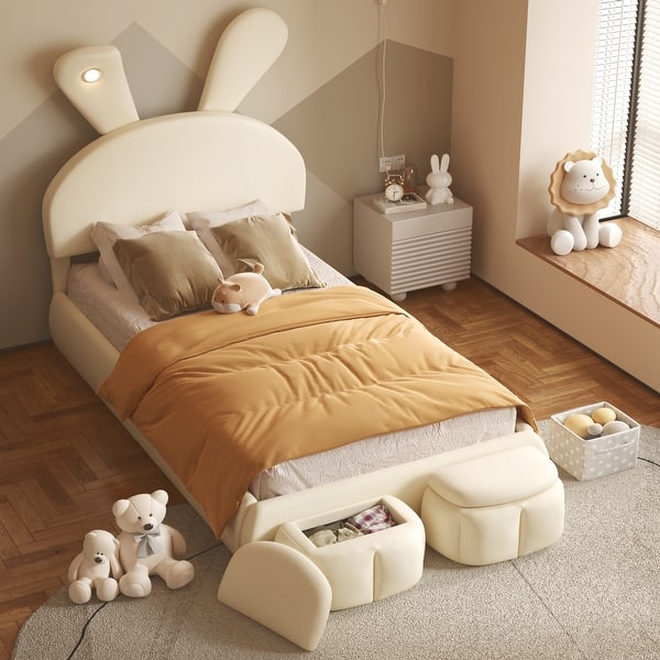 slide 2 of 16, Twin Size Upholstered Platform Bed with Cartoon Ears Shaped Headboard and Light Beige