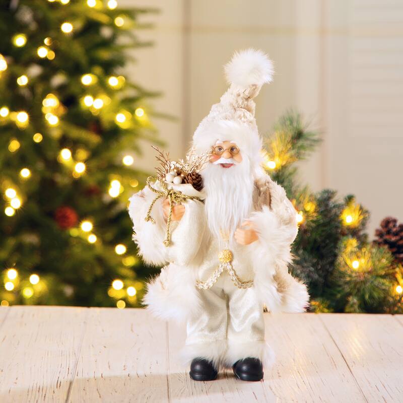 Glitzhome Christmas Imitative Fur Woodland Santa Figurine