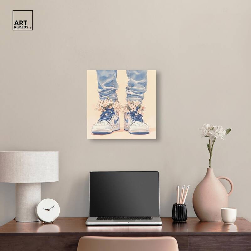 Gentle Blue Sneakers and Flowers Canvas by Art Remedy, Gallery Wrapped