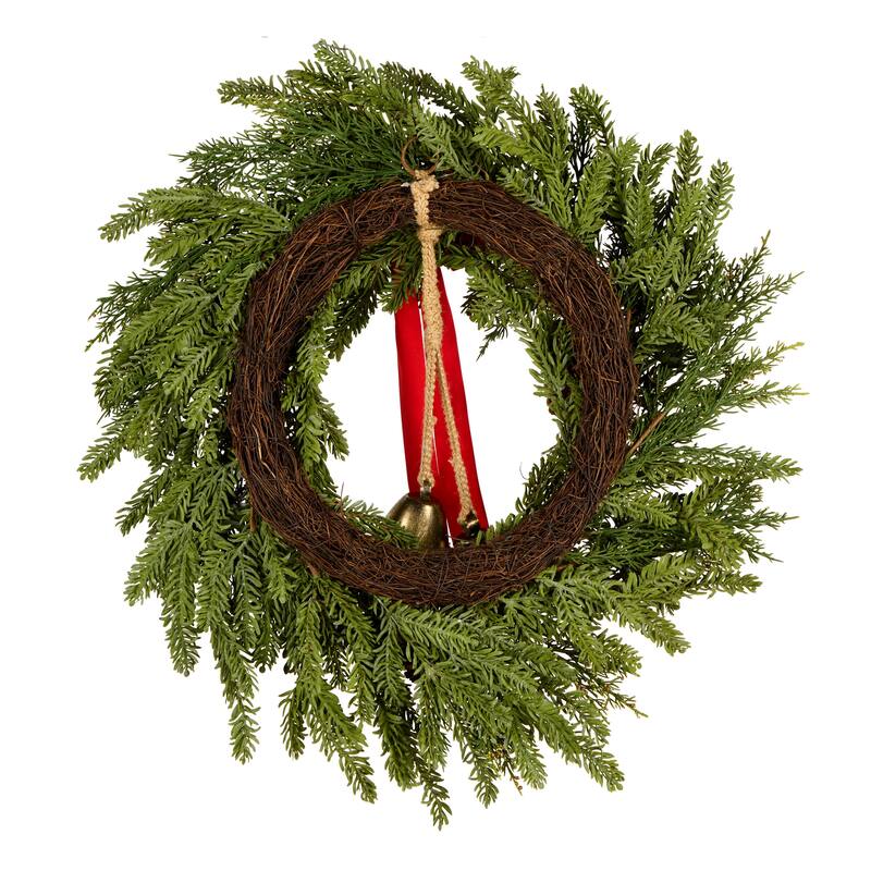 National Tree Company 28 in. Artificial Christmas Bells Pine Wreath with a Red Bow, Pinecones and Bells - 28 in