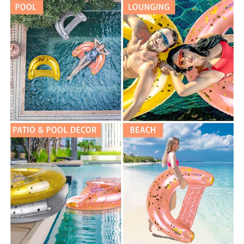 POZA Rose Gold Inflatable Pool Float Chair Filled w/ Sparkle Confetti - 48 x 38 Inch