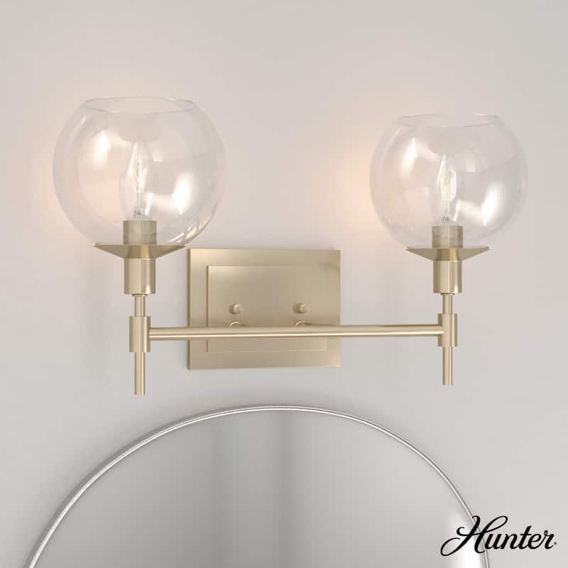 Hunter Xidane Vanity Wall Light - Bathroom, Mid Century Modern, Glam - Clear glass - 2 Light - Alturas Gold-Clear Glass