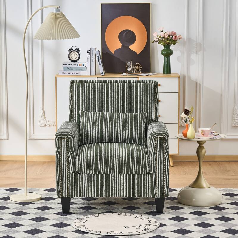 Modern Accent Chair with Arms,Comfy Upholstered Armchair for Living Room,Grey and White Striped Armchair with Nailhead Trim - Green