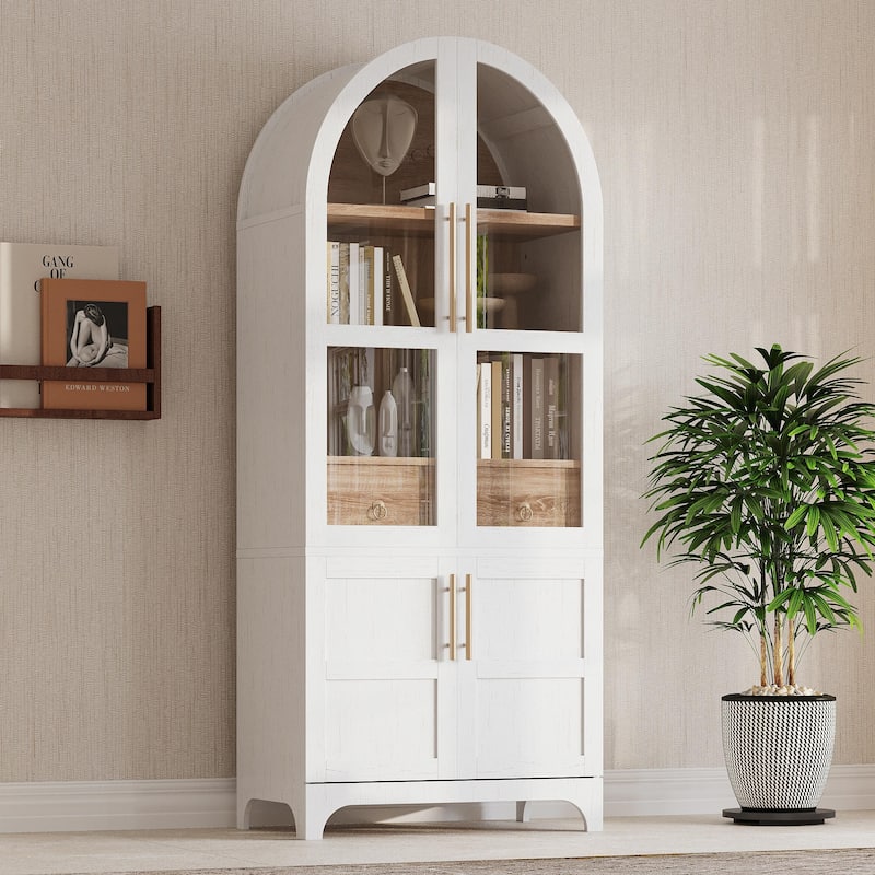71" Tall Arched Kitchen Pantry Cabinet with Door Shelves - White