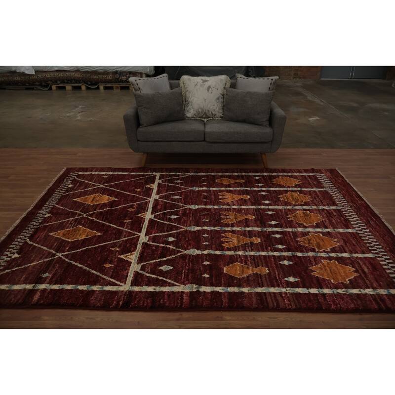 Hand Knotted Oriental 100% Wool Carpet Modern Tribal Red Moroccan Area Rug - 9' 9'' X 6' 8''