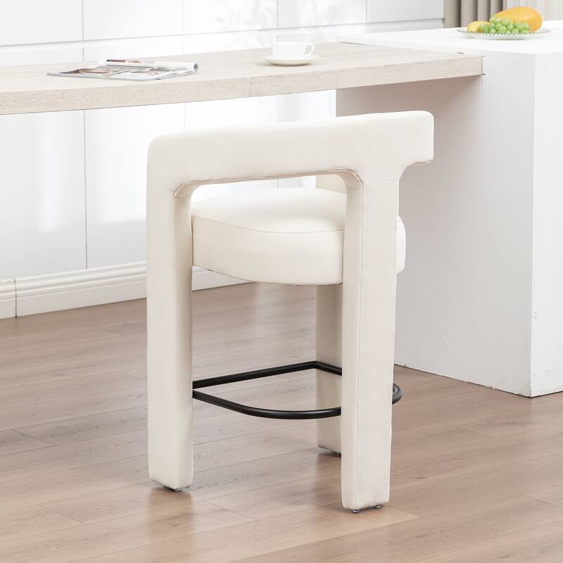 SEYNAR Modern Velvet 34.6''H Fixed Height Open-Back Bar Stool with Metal Footrest