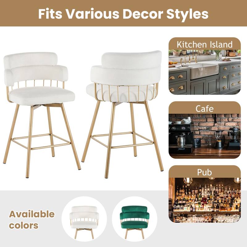 26" Counter Height Bar Stools Set of 2, 180° Swivel Upholstered Barstools with Backs and Metal Legs