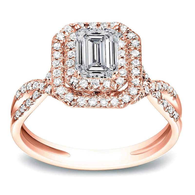 Auriya 14k Gold 4/5ctw Emerald-cut Double Halo Diamond Engagement Ring - 4 - Rose