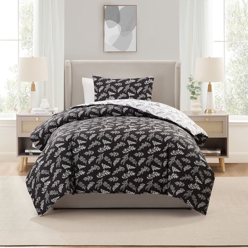 Empyrean 3PC Reversible Botanical Printed Comforter Bedding Set - Jet Black - Twin