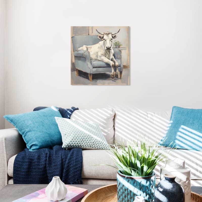 Wynwood Studio Canvas Animals Cow in the Living Room White and Rustic Wall Art Canvas Print - 20 x 20
