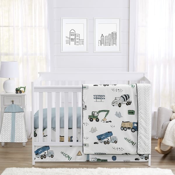 slide 2 of 6, Construction Truck Collection Boy 4pc Nursery Crib Bedding Set - Grey Yellow Black Blue and Green Transportation Chevron Arrow