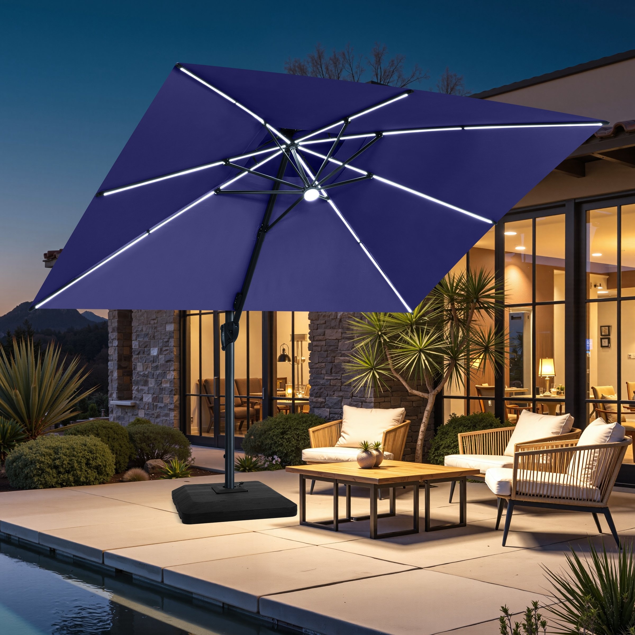 13 x 10 FT Solar Powered LED Light Patio Cantilever Umbrella Aluminum Pole with Base