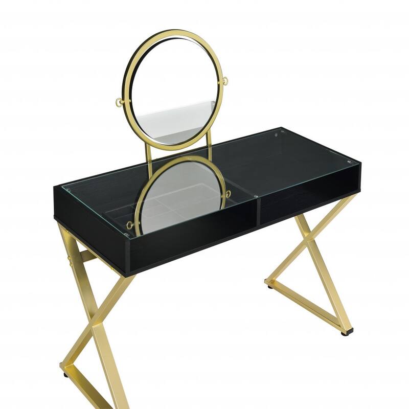 Black Gold Wood Modern Mirrored Dresser with 2 Drawers and Vanity Mirror - 42” L x 19"W x 49" H