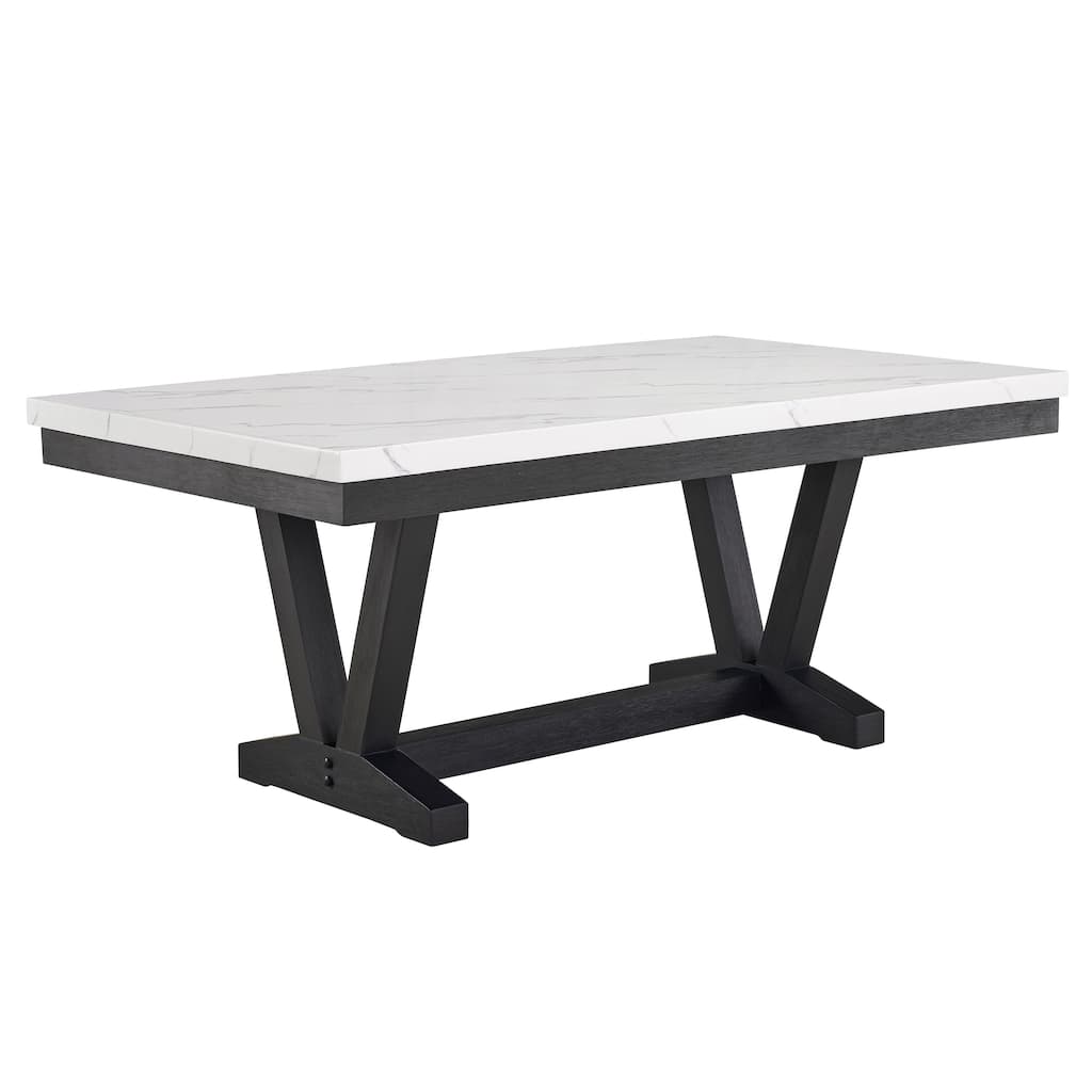 1pc Transitional Modern Formal Dining Table White Faux Marble Rectangular Table Top Trestle Base Black Finish Legs Woode