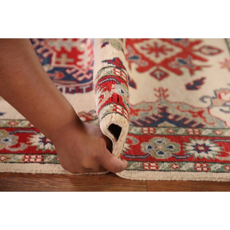 Ivory / Beige Kazak Oriental Accent Rug Hand-Knotted Wool Carpet - 3'2"x 4'8"