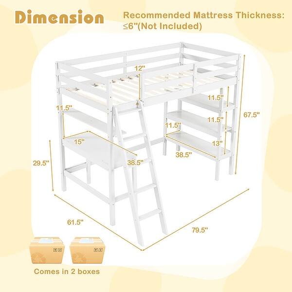 dimension image slide 0 of 2, Gymax Twin Size Solid Wood Loft Bed w/ Desk & Bookshelves Ladder &