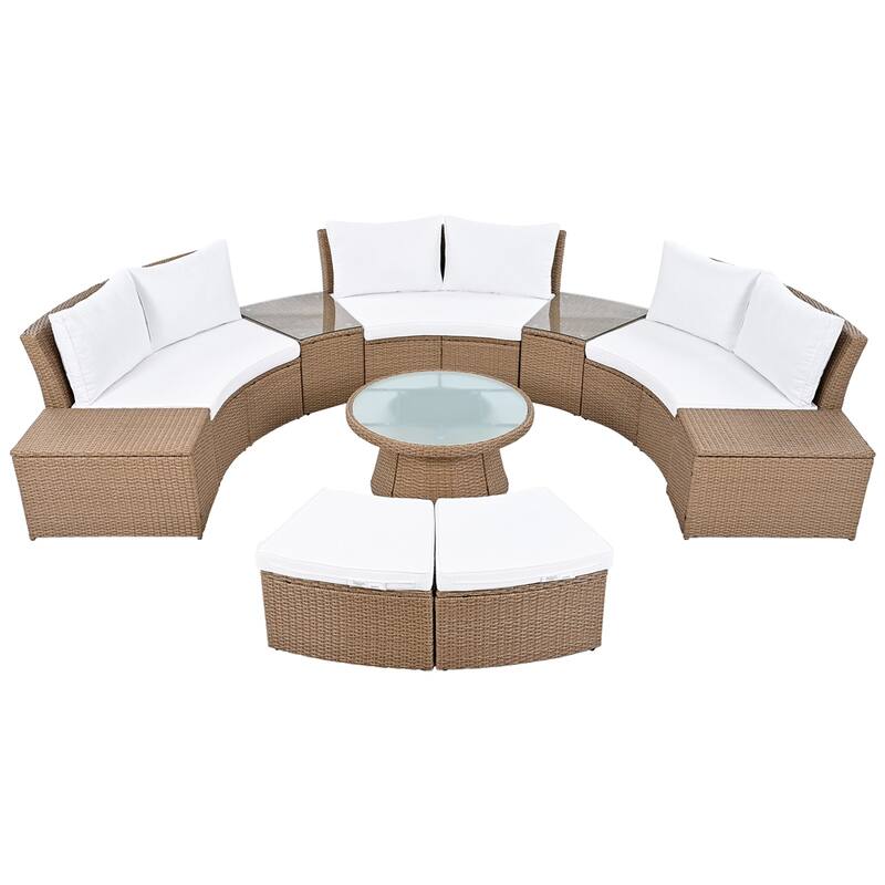 10-Piece Outdoor Sectional Half Round Patio Rattan Sofa Set,PE Wicker - White