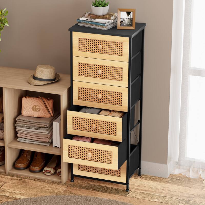 6 Drawers Chest - Vertical Storage Tower Steel / Wood / Fabric Dresser