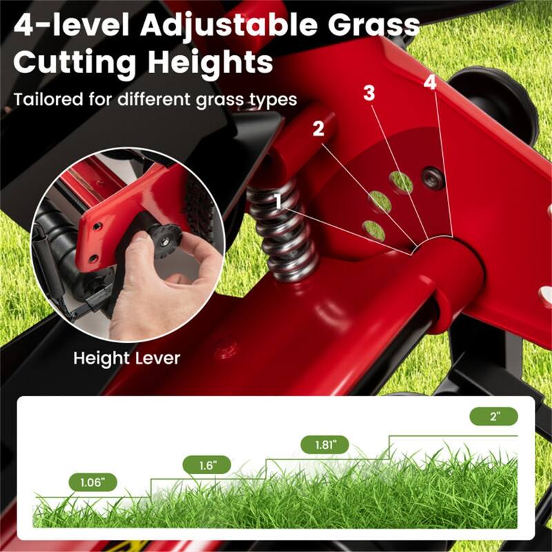 Manual Reel Lawn Mower Red Black 14-Inch Cutting Width 4-Height Adjustable 25L Grass Collector - 21" x 28" x 49"