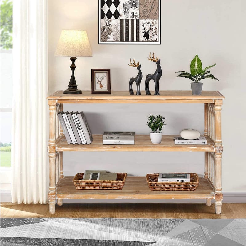 Rustic 3 - Tier Console Table with Gothic - Inspired Details, 47.24" Long Wooden Entryway Table for Living Room and Hallway