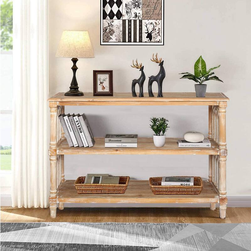 Rustic Gothic Style Wooden Console Table Entryway Table Side Table with 3 Open Shelves, for Hallway Living Room
