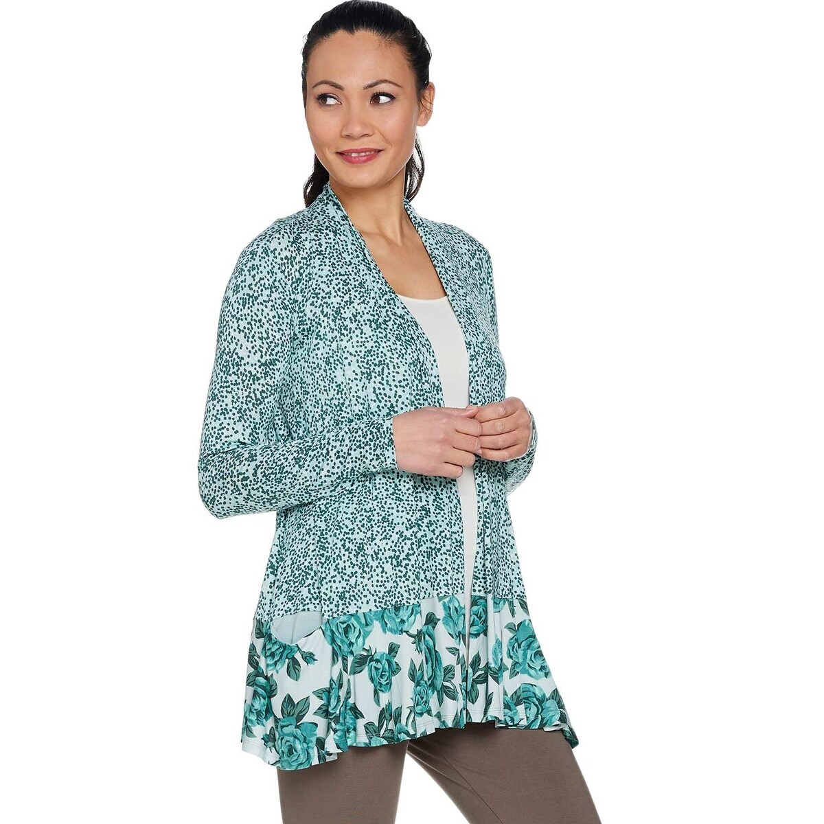 Shop Logo By Lori Goldstein Ladies Mixed Print Cardigan Pop Pockets Xl Blue A288018 Overstock 30876265
